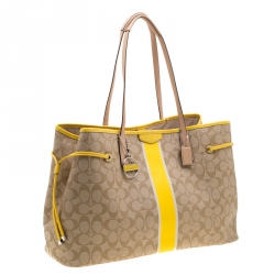 Coach Beige/Yellow Coated Canvas and Leather Large Stripe Drawstring Signature Tote