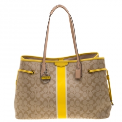 Coach Beige/Yellow Coated Canvas and Leather Large Stripe Drawstring Signature Tote