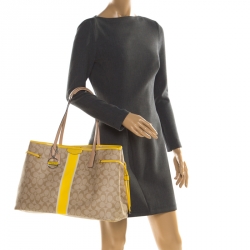 Coach Beige/Yellow Coated Canvas and Leather Large Stripe Drawstring Signature Tote