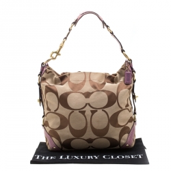 Pre Owned Coach Beige/Purple Signature Canvas Carly Hobo