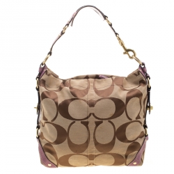 Pre Owned Coach Beige/Purple Signature Canvas Carly Hobo