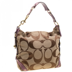 Pre Owned Coach Beige/Purple Signature Canvas Carly Hobo