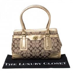 Pre Owned Coach Beige/Gold Canvas and Leather Hampton Tote