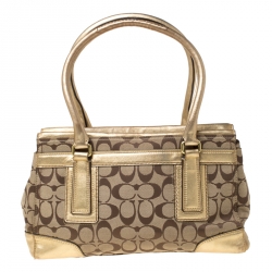 Pre Owned Coach Beige/Gold Canvas and Leather Hampton Tote