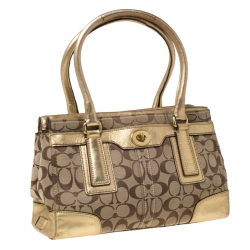 Pre Owned Coach Beige/Gold Canvas and Leather Hampton Tote