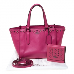 Pre Owned Coach Magenta Studded Floral  Leather Crosby Tote