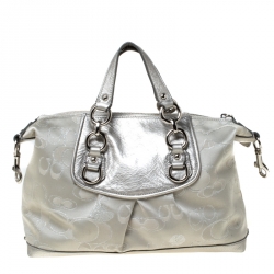 Pre Owned Coach Silver/Grey Canvas and Leather Ashley Top Handle Bag
