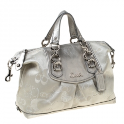 Pre Owned Coach Silver/Grey Canvas and Leather Ashley Top Handle Bag