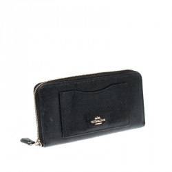Pre Owned Coach Black Leather Accordion Zip Around Wallet