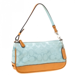 Pre Owned Coach Light Green Signature Canvas and Leather Pochette 