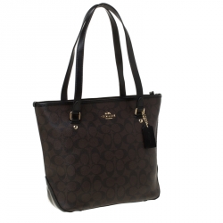 Pre Owned Coach Brown/Black Signature Coated Canvas and Leather Tote
