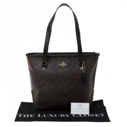 Pre Owned Coach Brown/Black Signature Coated Canvas and Leather Tote