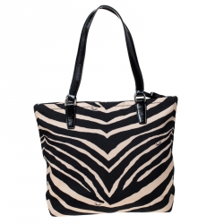Pre Owned Coach Black/Cream Zebra Print Canvas and Patent Leather Tote