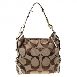 Coach Beige Signature Canvas and Leather Carly Hobo
