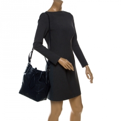 Pre Owned Coach Navy Blue Leather Drawstring Bucket Bag