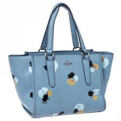 Pre Owned Coach Light Blue Floral Printed Leather Mini Crosby Tote