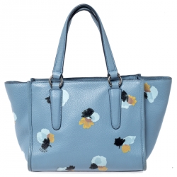 Pre Owned Coach Light Blue Floral Printed Leather Mini Crosby Tote
