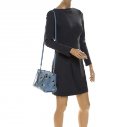 Pre Owned Coach Light Blue Floral Printed Leather Mini Crosby Tote