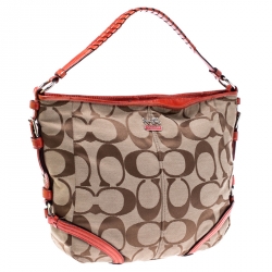 Pre Owned Coach Beige/Orange Signature Canvas and Patent Leather Katarina Hobo