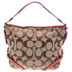 Pre Owned Coach Beige/Orange Signature Canvas and Patent Leather Katarina Hobo
