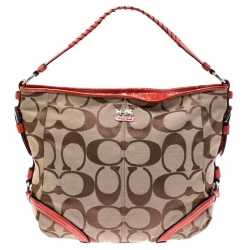 Pre Owned Coach Beige/Orange Signature Canvas and Patent Leather Katarina Hobo