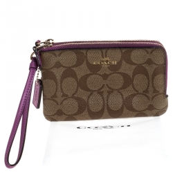Coach Beige/Purple Signature Coated Canvas Double Zip Wristlet Wallet