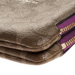 Coach Beige/Purple Signature Coated Canvas Double Zip Wristlet Wallet