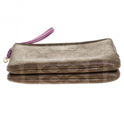 Coach Beige/Purple Signature Coated Canvas Double Zip Wristlet Wallet