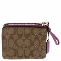 Coach Beige/Purple Signature Coated Canvas Double Zip Wristlet Wallet