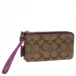 Coach Beige/Purple Signature Coated Canvas Double Zip Wristlet Wallet