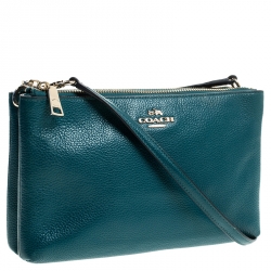 Pre Owned Coach Teal Leather Double Zip Crossbody Bag