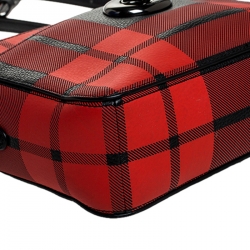Pre Owned Coach Red/Black Coated Canvas Plaid Turnlock Camera Bag