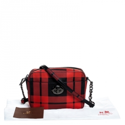 Pre Owned Coach Red/Black Coated Canvas Plaid Turnlock Camera Bag