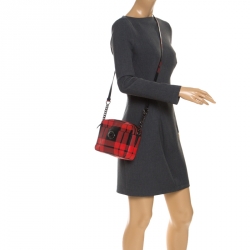 Pre Owned Coach Red/Black Coated Canvas Plaid Turnlock Camera Bag