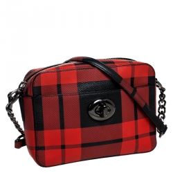 Pre Owned Coach Red/Black Coated Canvas Plaid Turnlock Camera Bag