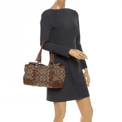 Pre Owned Coach Brown Signature Canvas And Leather Double Buckle Shoulder Bag