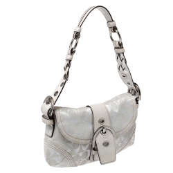 Coach White Canvas and Leather Buckle Flap Hobo