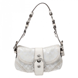 Coach White Canvas and Leather Buckle Flap Hobo
