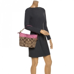 Pre Owned Coach Pink/Beige Signature Canvas Carly Shoulder Bag
