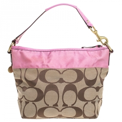 Pre Owned Coach Pink/Beige Signature Canvas Carly Shoulder Bag