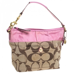 Pre Owned Coach Pink/Beige Signature Canvas Carly Shoulder Bag
