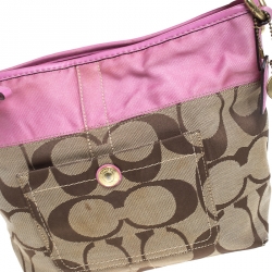 Pre Owned Coach Pink/Beige Signature Canvas Carly Shoulder Bag