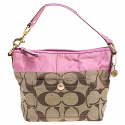 Pre Owned Coach Pink/Beige Signature Canvas Carly Shoulder Bag
