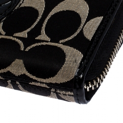 Coach Black/White Signature Fabric and Leather Zip Around Continental Wallet