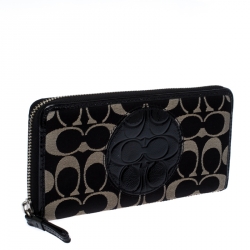 Coach Black/White Signature Fabric and Leather Zip Around Continental Wallet