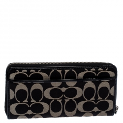 Coach Black/White Signature Fabric and Leather Zip Around Continental Wallet