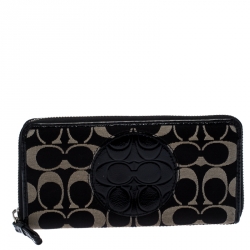 Coach Black/White Signature Fabric and Leather Zip Around Continental Wallet
