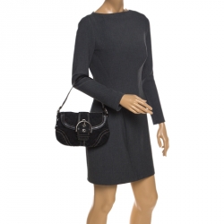 Pre Owned Coach Black Signature Canvas Small C Logo Hobo