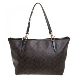 Pre Owned Coach Brown Signature Coated Canvas Ava Top-Zip Tote