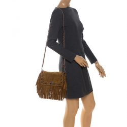 Pre Owned Coach Brown Suede Fringe Dinky Crossbody Bag